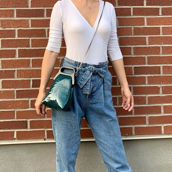 Handmade Genuine Patent Leather Check Print Wooden Frame Pouch/Crossbody - Picture 8 of 16